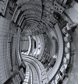 The inner wall of the European tokamak JET has been fitted with new beryllium and tungsten tiles—the same material that will be used for ITER's plasma-facing elements. © EFDA (Click to view larger version...)